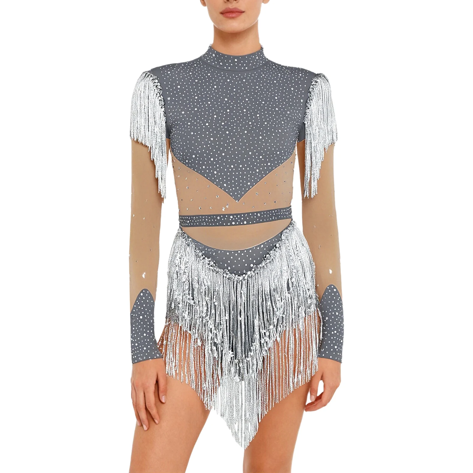 Dames kunstschaatspakje pailletten kwastje lange mouw te openen kruis ritssluiting aan de achterkant contrasterende kleur jumpsuit voor Latin Chacha dans