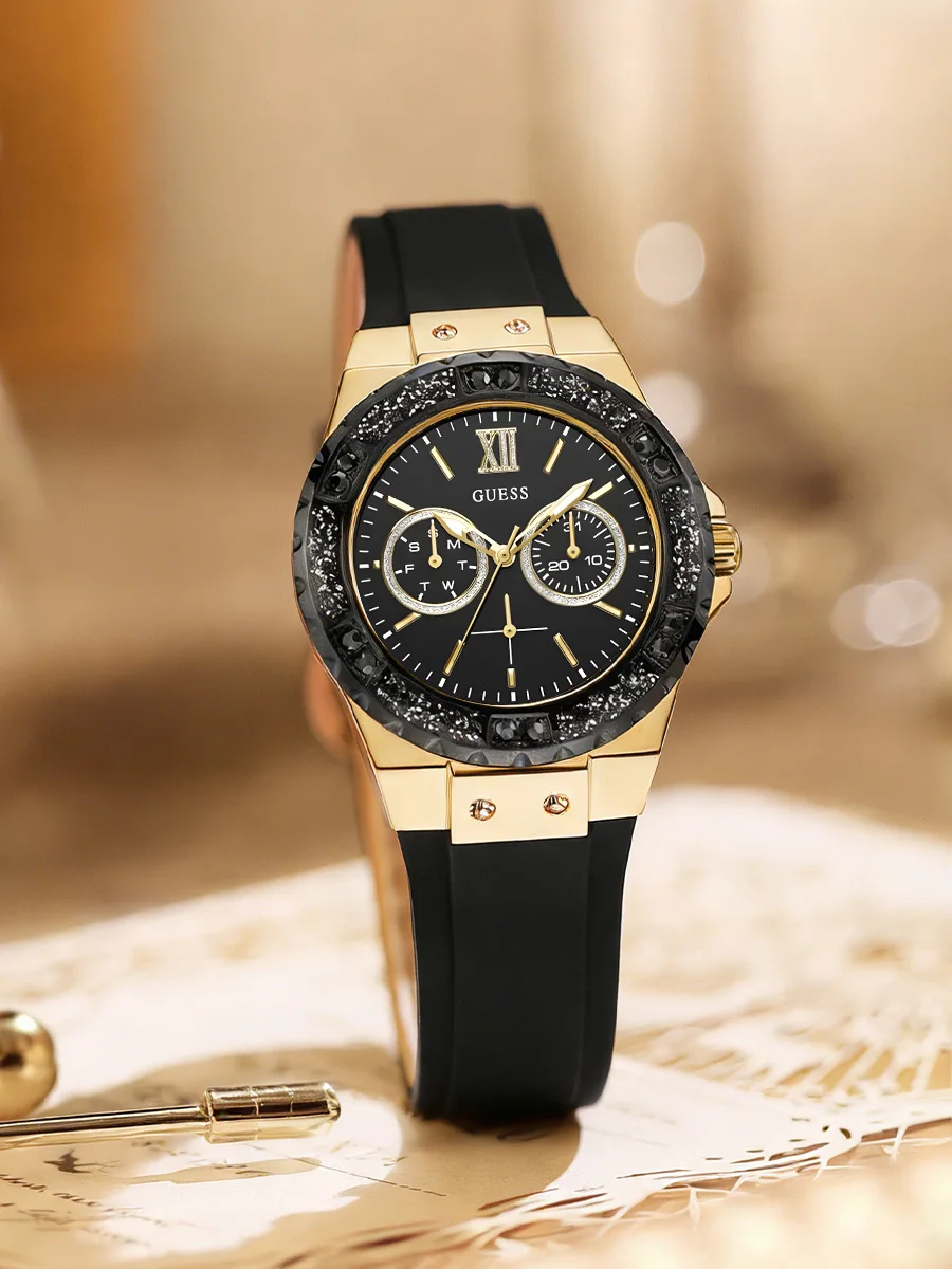 

Женские кварцевые часы GUESS с блестящим стразовым безелем и силиконовым ремешком, модный повседневный аксессуар, часы для ежедневного ношения, подарок
