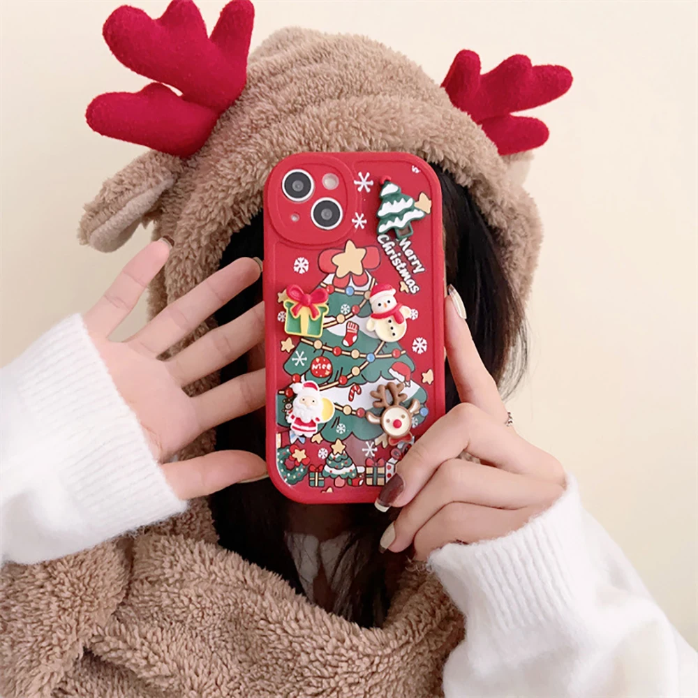 3D Merry Christmas Santa Tree Cute Phone Case for iphone 14 Plus 13 Pro Max 12 11 X XS XR Soft Cartoon Cover New Years Gift