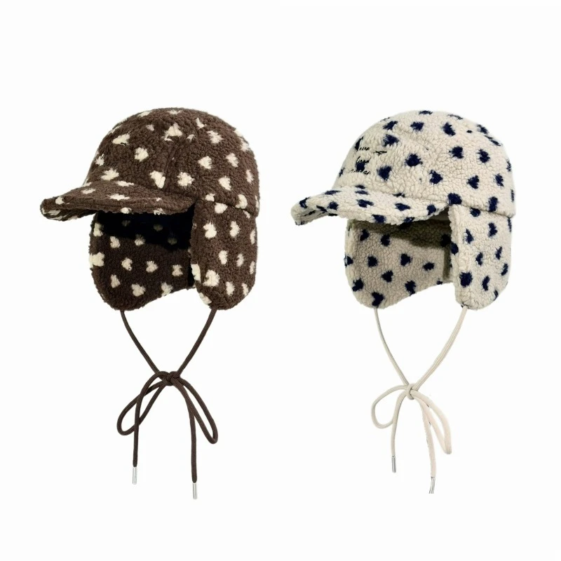 Koreanische Version Polka Dot Plüsch Baseballkappe für Männer und Frauen, Bombermütze, Winter Lammwolle, warm, Outdoor, Ohrenschutz, Pilotenmütze – Detail 1