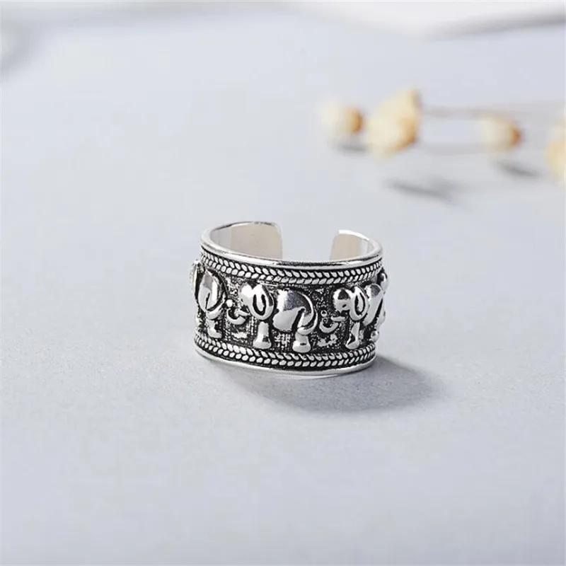 New Creative Beautiful Retro Animal 925 Sterling Silver Jewelry Personality Ethnic Style Elephant Group Opening Rings   R140