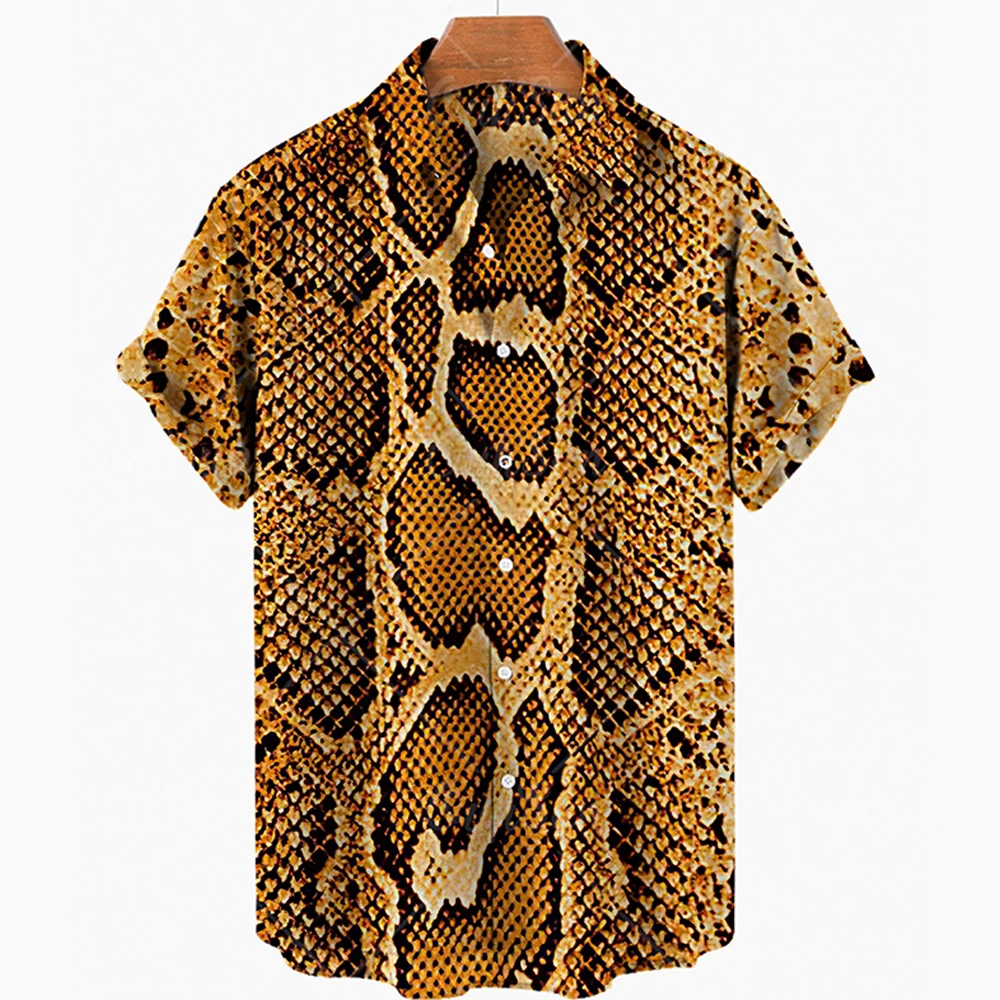 Men's Hawaiian shirt, men's leopard print snake print 3D printed shirt, men's short sleeved retro fashion beach shirt