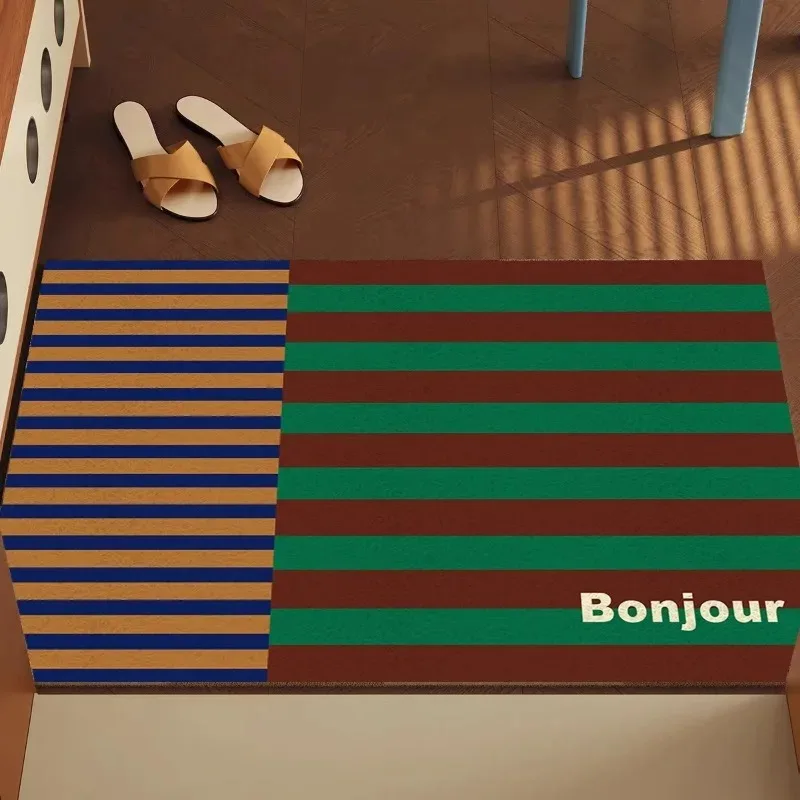 Modern Minimalist Happiness Bonjour Pattern Silk Ring Floor Mat Home Entrance Door Mat Door Mat Dirt Resistant  Anti Slip Mat