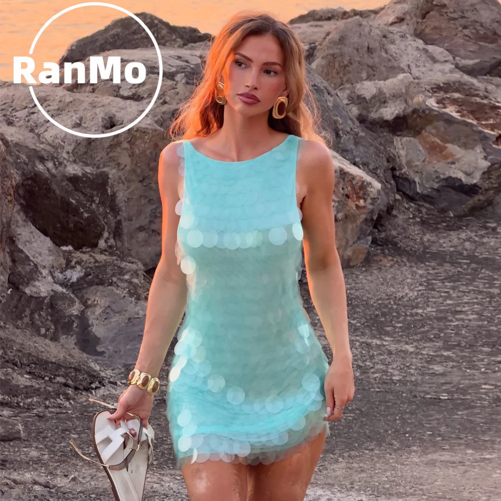 Ranmo New Mini Prom Dress Short Sequined Spaghetti Strap Vestidos De Gala Sleeveless Feather Bespoke Occasion Dresses Customized