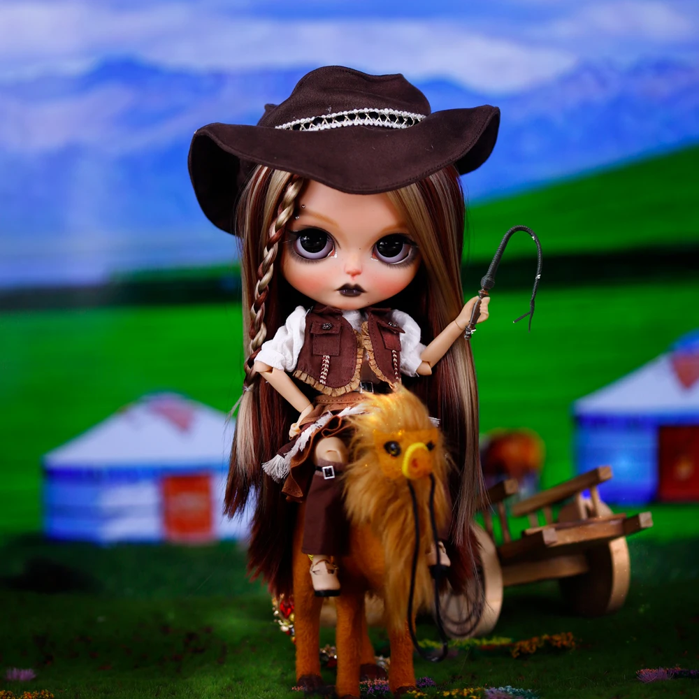 

ICY DBS Blyth Doll Tan Skin Matte Face Wild West Cowgirl Wizard Outfit Костюм Ручная роспись Макияж 30 см BJD Girl Festival Gift