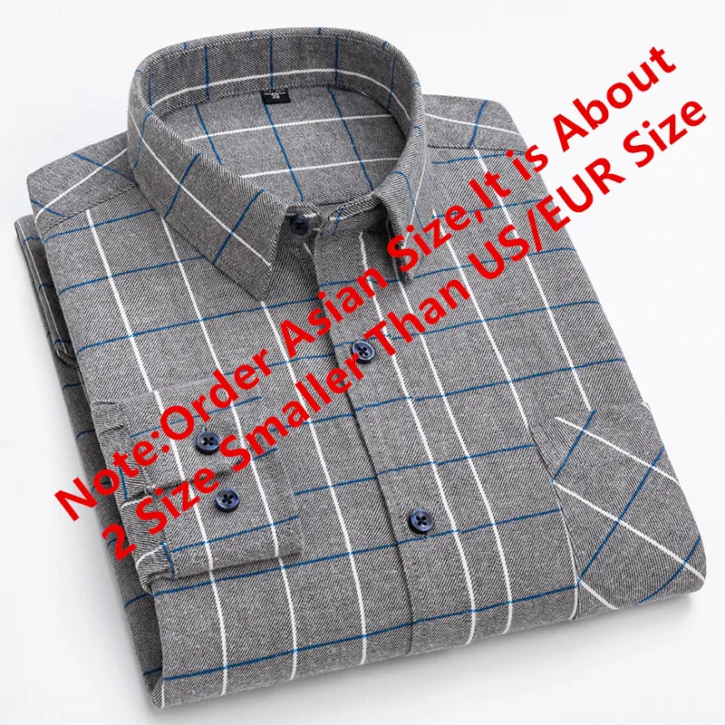 Shirts for Men Luxury 100% Cotton 4XL Men\'s Long Sleeve Shirt Brushed Plaid Fashion Casual Autumn Winter Soft Comfortable Pocket