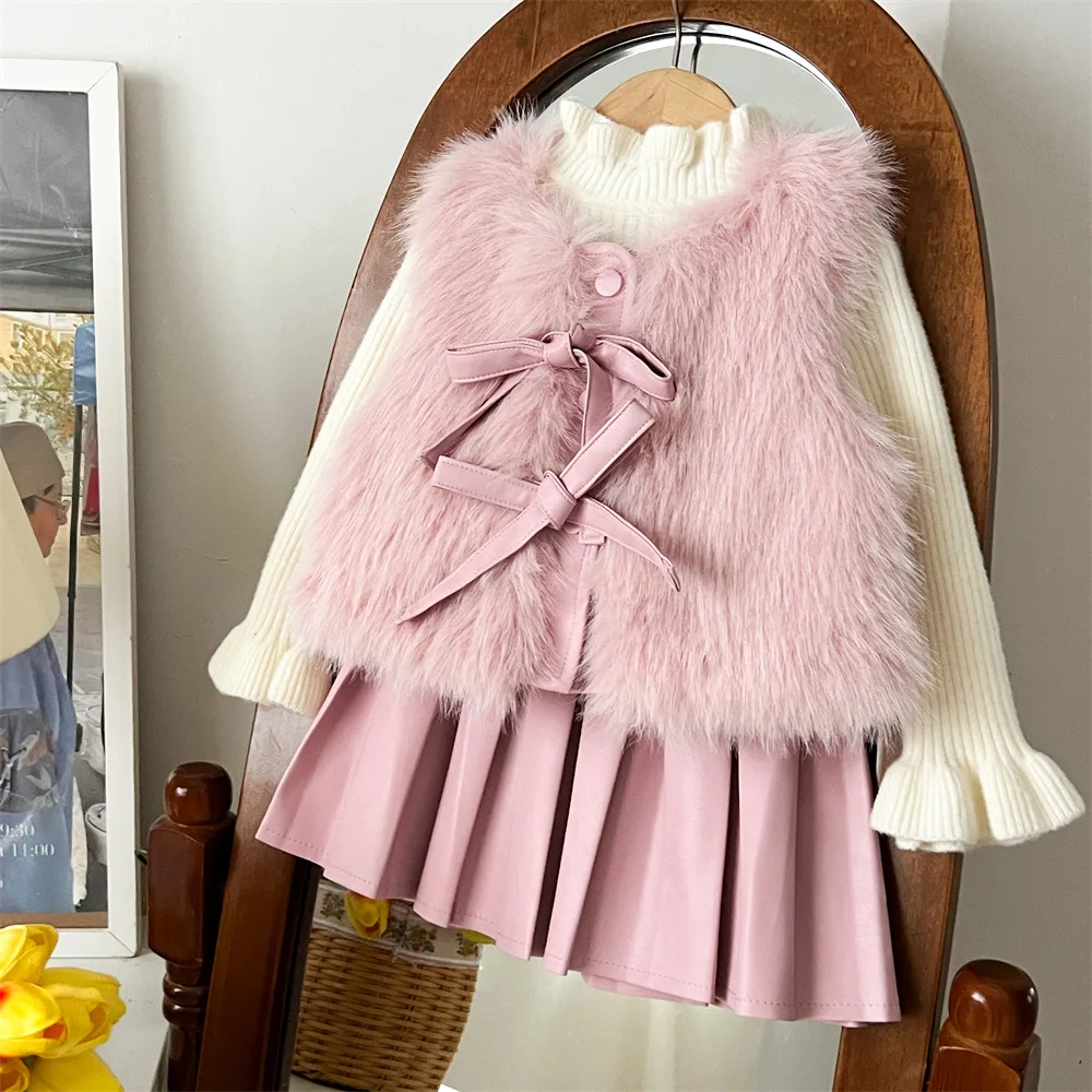 Two Piece Set Vest and Skirt Girls Autumn and Winter Fur Vest 2025 New Childrens Korean Shoulder Warm