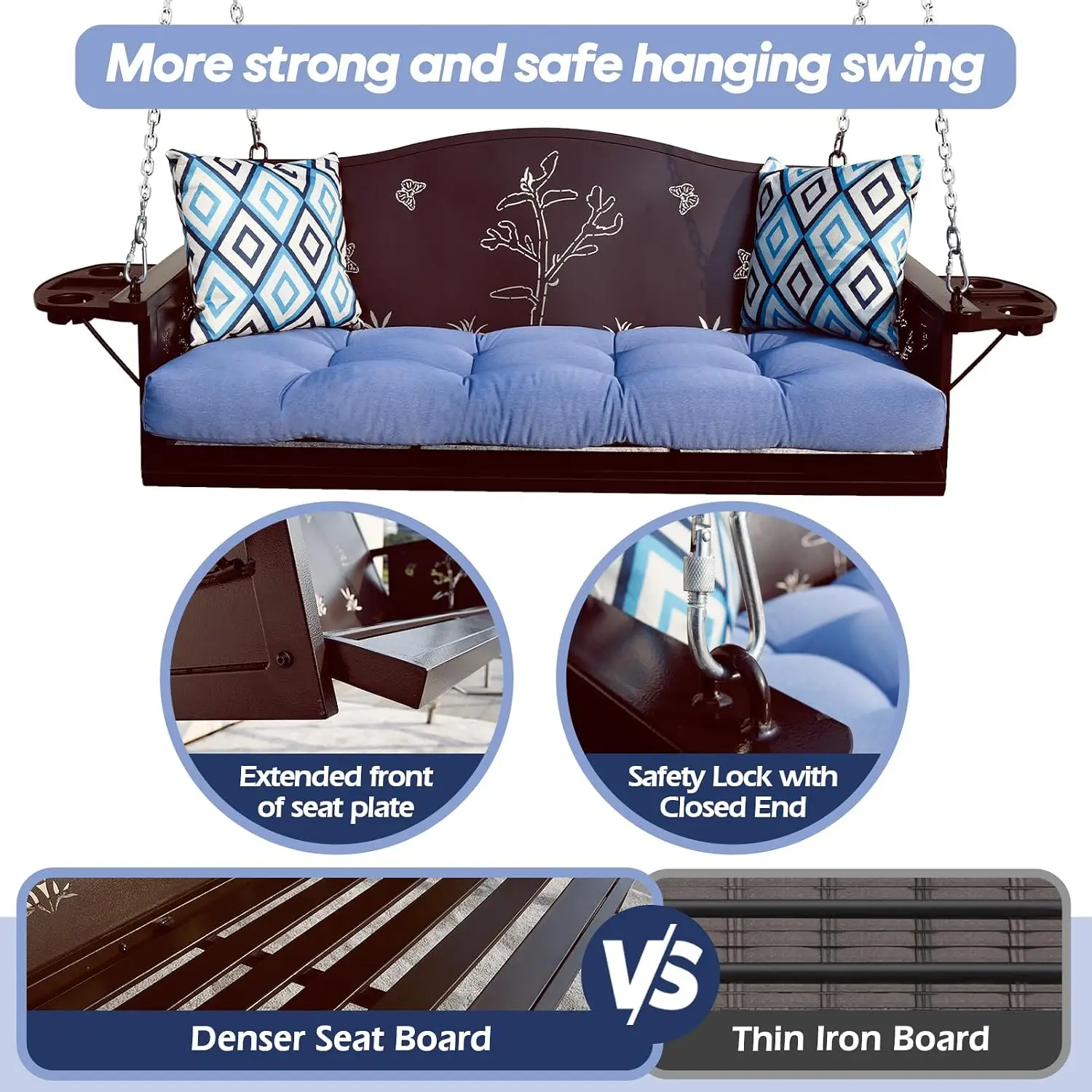 3-Seat Metal Porch Swing 900 LBS Heavy Duty Hanging Bench with Upgraded Tray & Cushions Rust-Resistant Finish Swing, Customized