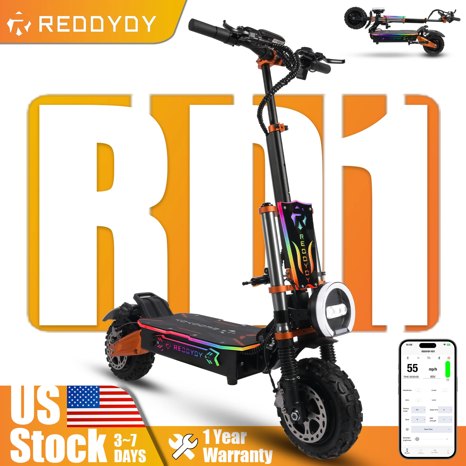 

REDDYDY RD1 Offroad Electric Scooter Dual Motors 6000W Peak 55 MPH Max Speed 60V43Ah Battery 75 Miles Max Range Dual Charging Ports 6-8 Hours Dual Disc Brakes Steering Damper Smart App NFC Keyless Start Dual Suspension 11" Off-Road Tires Scooter US Stock