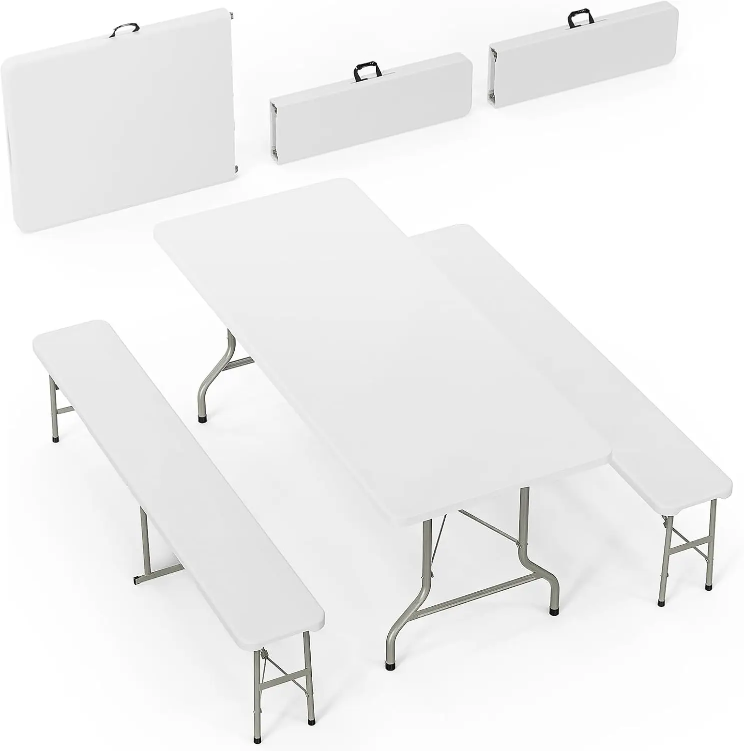 White Folding Picnic Table Set with 2 Benches, 6 Feet Camping Table Chair Set, Modern Portable 3-Piece Furniture for Indoor/Outd