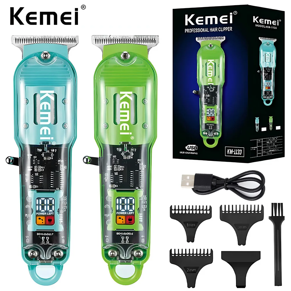 Kemei KM-1133 Rechargeable Hair Cutting Machine Barber Shop Fade Professional Hair Clippers Cordless Trimmer Transparent Cover