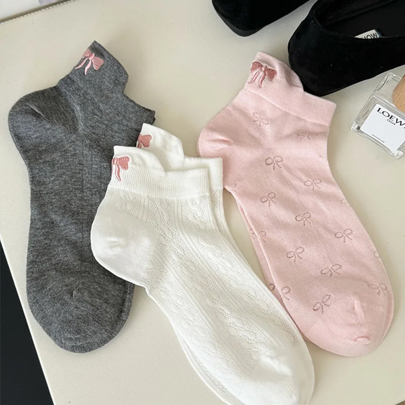 Socks Woman Solid Color Low Tube Knit Embroidery Summer Breathable Cute Lolita White Socks