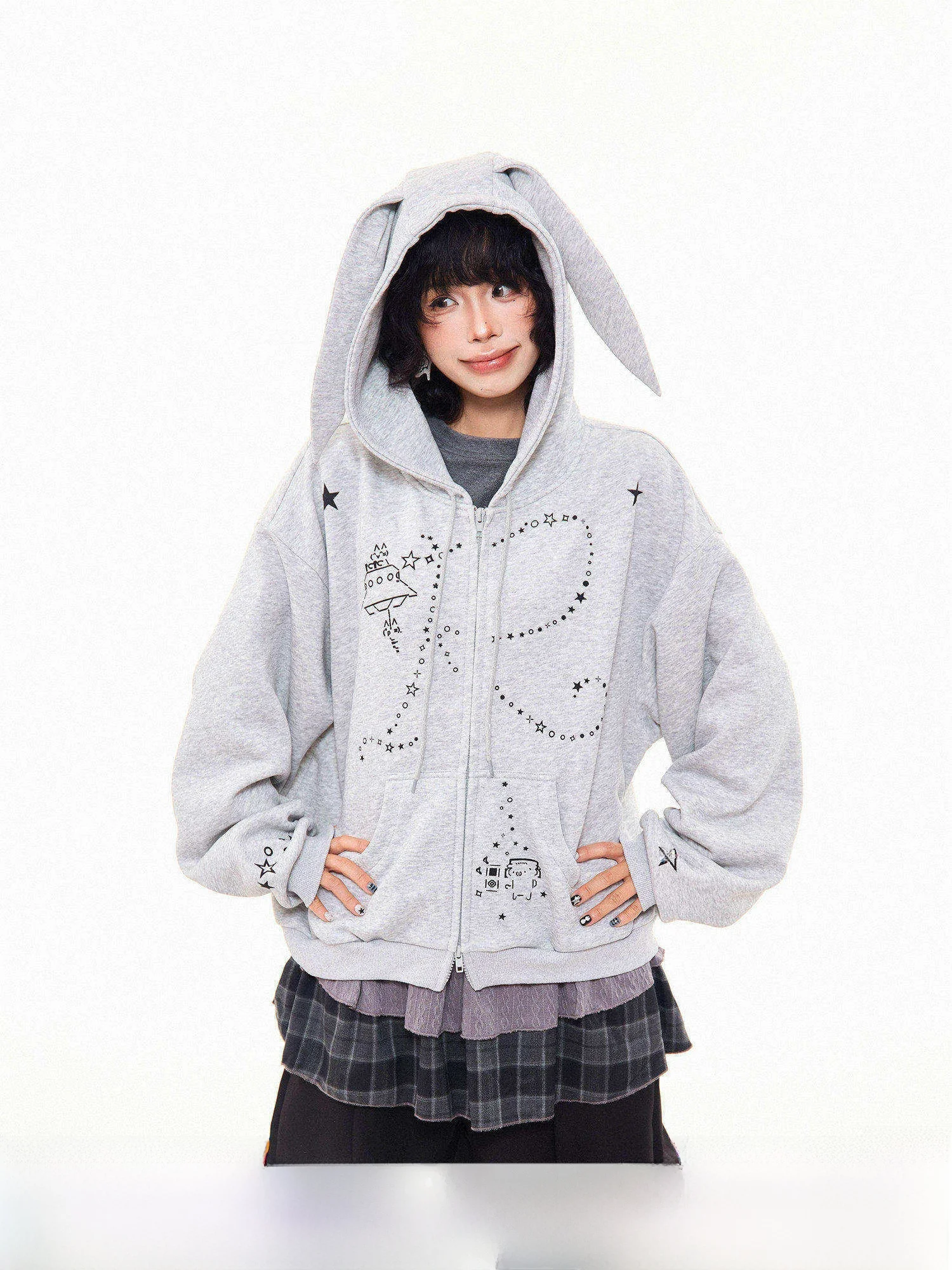 

MIKYO American Retro Text Rabbit Ear Hoodie Women's Loose Casual Versatile Open Cardigan Jaet Cotton Polyester Long Sve ...