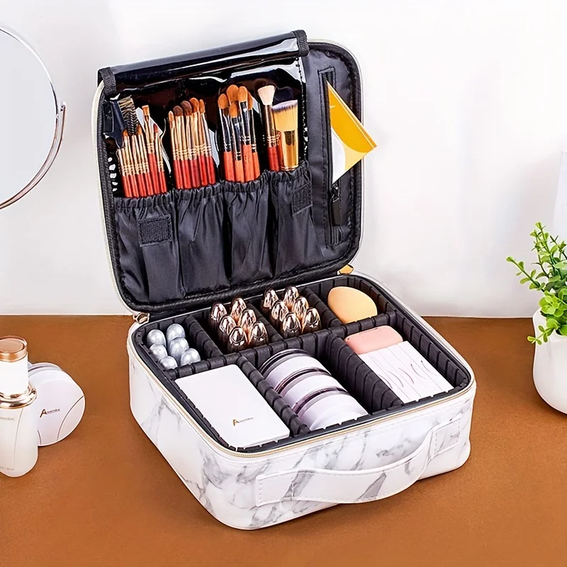 Makeup Bag Marble Travel Cosmetic For Women Girls - Large Capacity Case Train Organizer With Adjustable