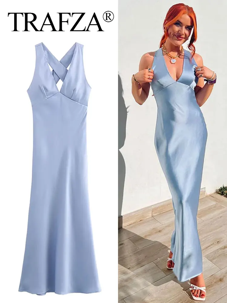 TRAFZA Summer Women Fashion Blue Dress Sexy V Neck Sleeveless Backless Midi Dresses Woman Elegant Evening Dress Vestidos Mujer