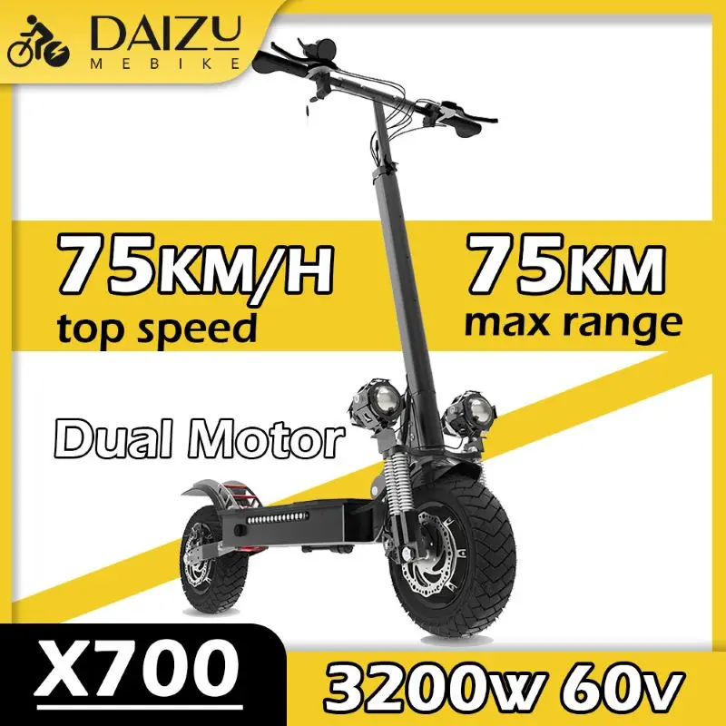 X700 60V 3200W Lithium Battery E Scooter Fast Speed 75KM/H Max Distance 75KM Electric Scooter Dual Motor 10 Inch Tire for Adults