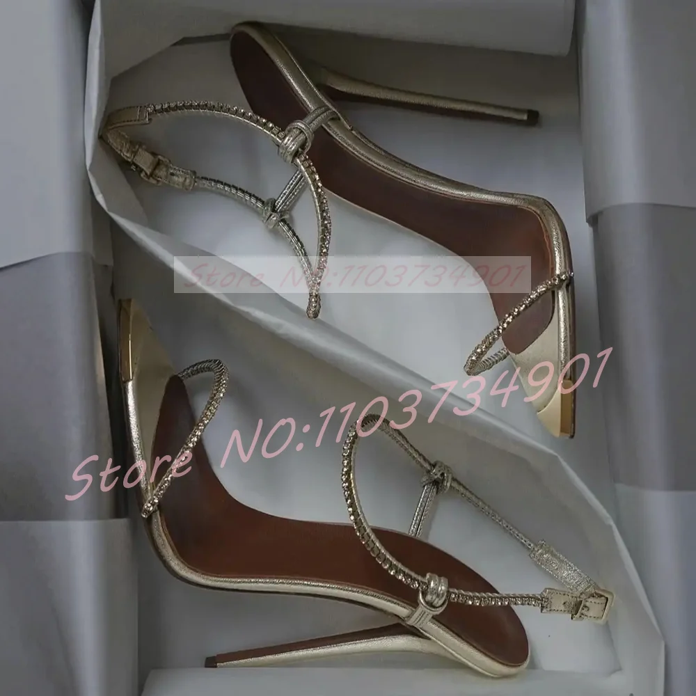 Pink Crystal Ankle Strap 12CM Stiletto Sandals Women Sexy metallic Pointed toe slingback High Heels Sandals Party Dress Shoes view 2