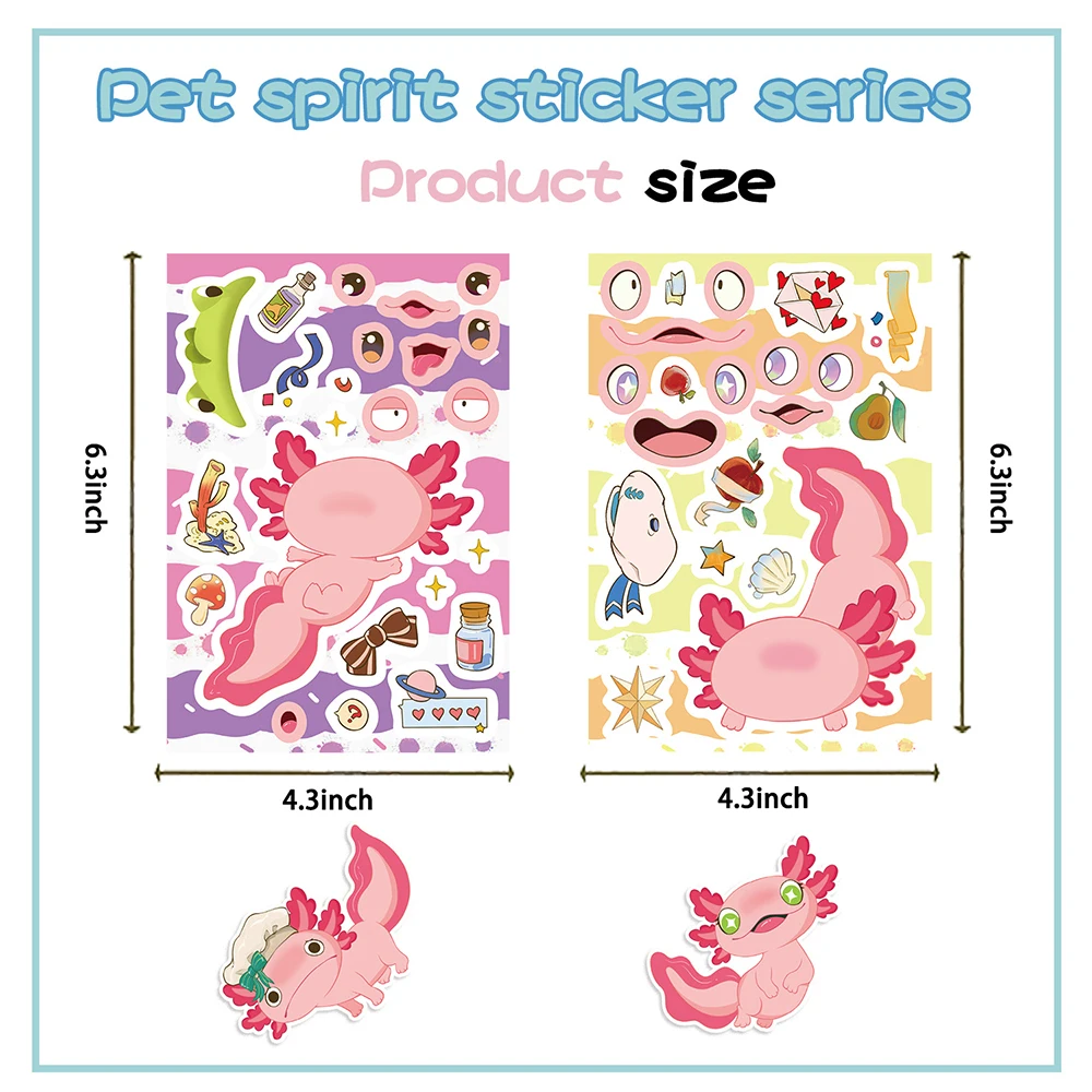 8/16 fogli simpatico cartone animato Axolotl puzzle adesivi divertente fare un viso adesivo bambini fai da te assemblare puzzle decalcomanie giocattoli per il regalo del capretto