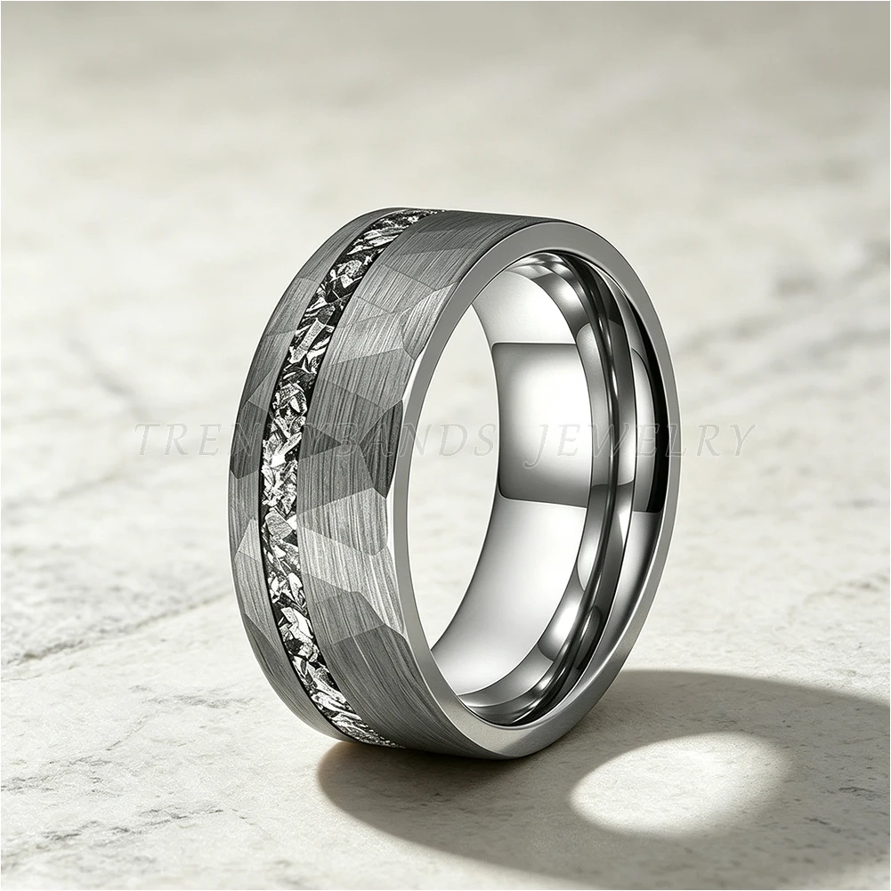 8mm Schwarze Wolframcarbid-Ringe, Modische Verlobungs- und Eheringe, Gehämmert für Männer und Frauen, Echte Meteorit-Einlage, Komfortabler Sitz – Detail 1