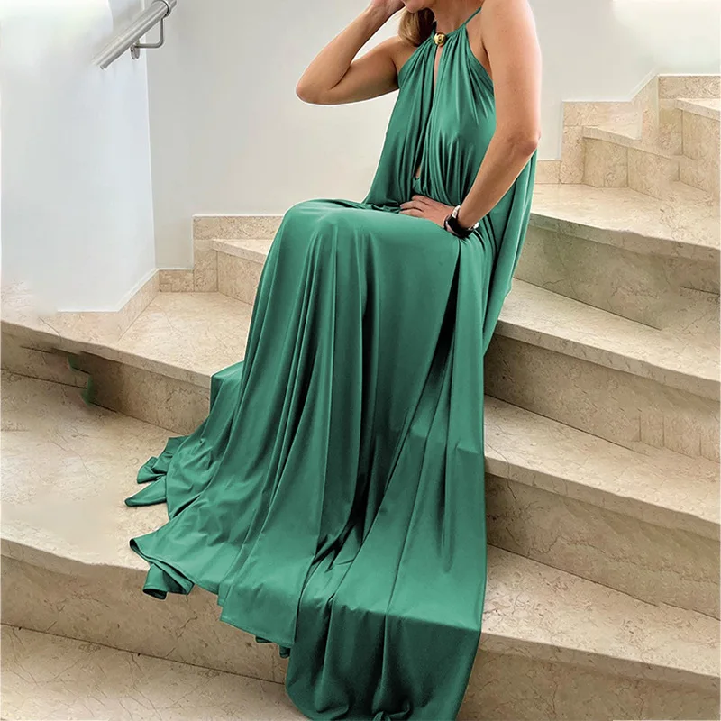 Sexy Summer Women Loose Party Dress Elegant Chic Luxurious Sleeveless Halter Celebrity Gala Guest Evening Floor Length Dress