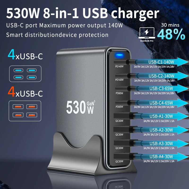 stazione-di-ricarica-rapida-multi-porta-gan-4c4a-usb-c-pd-qc-per-laptop-tablet-telefono-auricolari-caricatore-da-scrivania-8-porte-tutto-in-uno