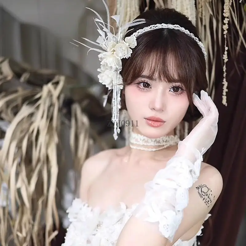 フレンチレトロシルクフラワービーズフリンジヘッドバンドブライダルウェディングドレスヘアアクセサリー