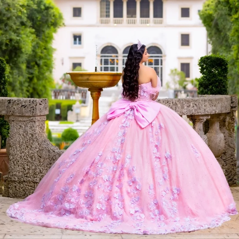 Błyszcząca Różowa Sukienka na Quinceañerę Koronka Brokatowa Naklejka Kwiat 3D Długa Tren Kokarda Vestidos De 15 Quinceañera ﻿ Dostosuj