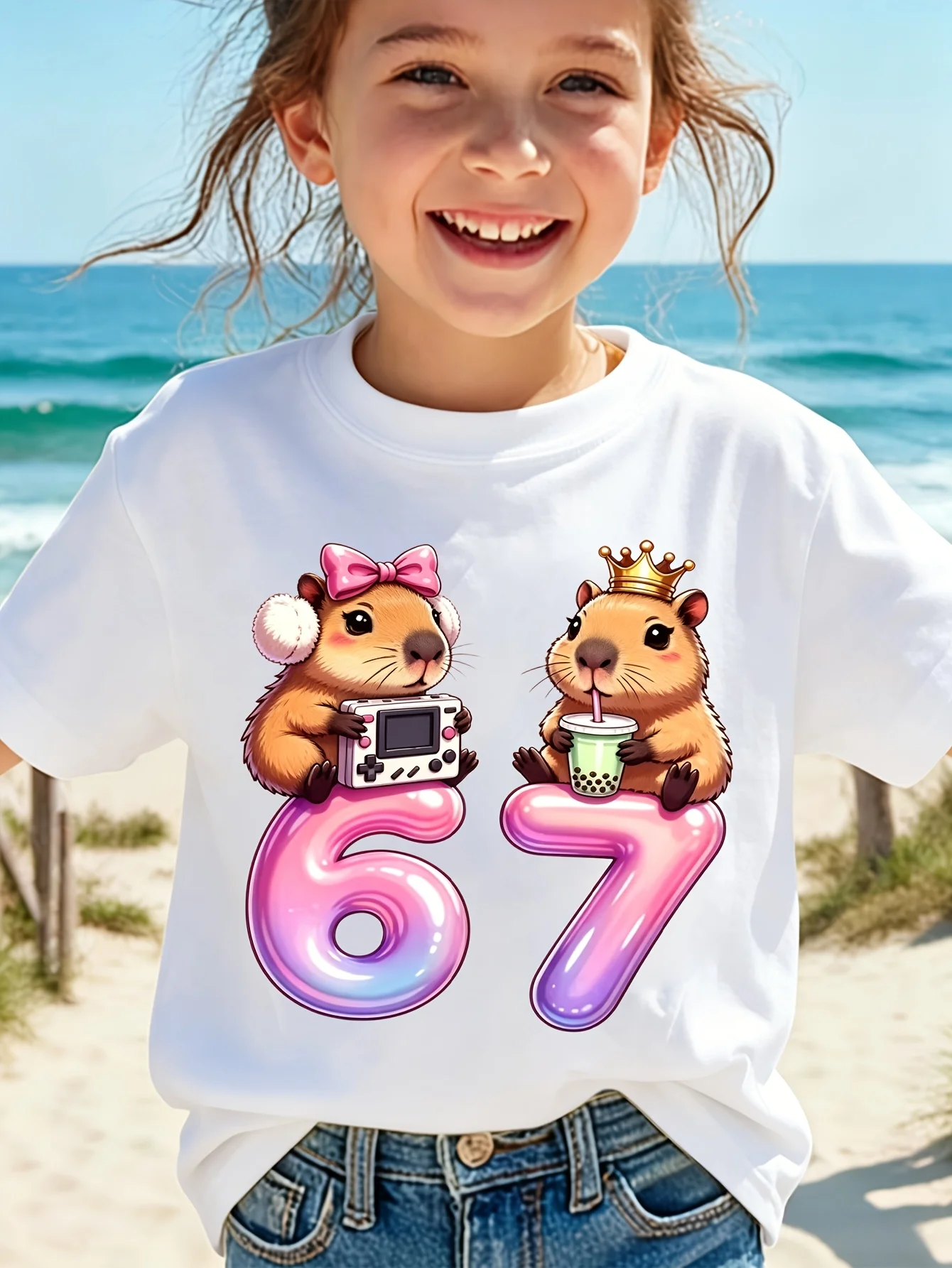 Kids Capybara 6 7 Birthday Graphic Tee Boys Girls Cute Capybara Bubble Tea Crown Bow Family Matching Short Sleeve Party Top