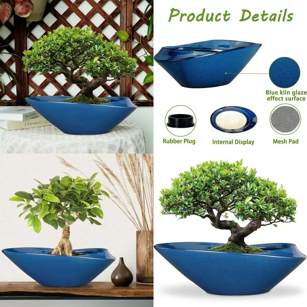 

18 Inch Blue Ceramic Bonsai Planter with Drainage for Indoor Outdoor Use