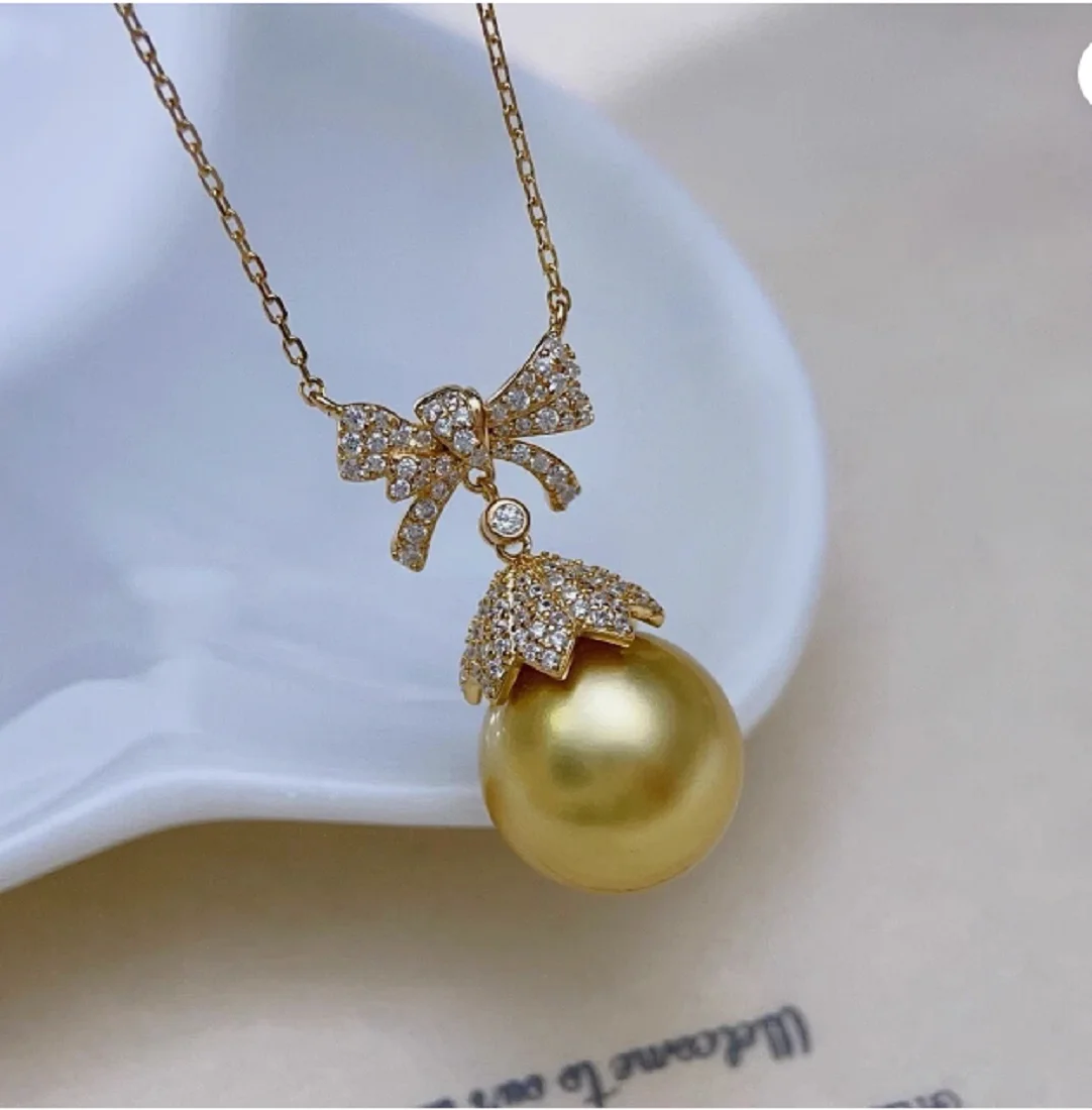 

Gorgeous 18" Gorgeous AAAAA 11-12mm Round south sea Golden pearl pendant necklace 925s..