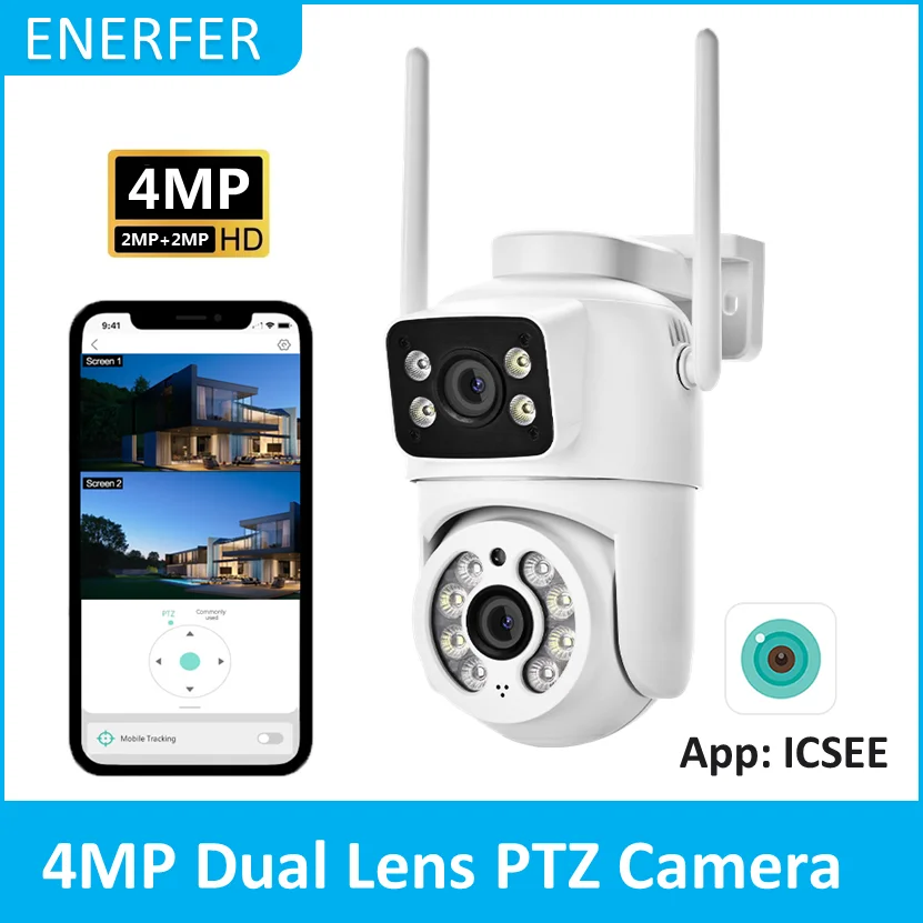 HD Wifi PTZ Camera Outdoor 4MP Dual Lens Dual Screen AI Auto Tracking IP Camera CCTV Audio Video Surveillance P2P iCSee