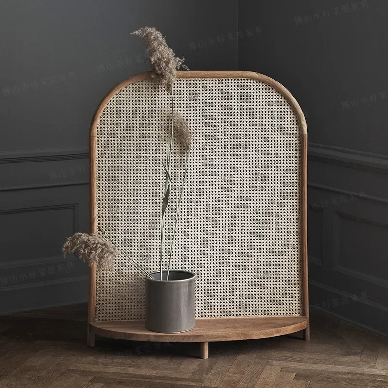 Solid Wood Rattan Screen Retro Partition for Entrance Bedroom Living Room Home Decor Folding Privacy Shield Ins Style