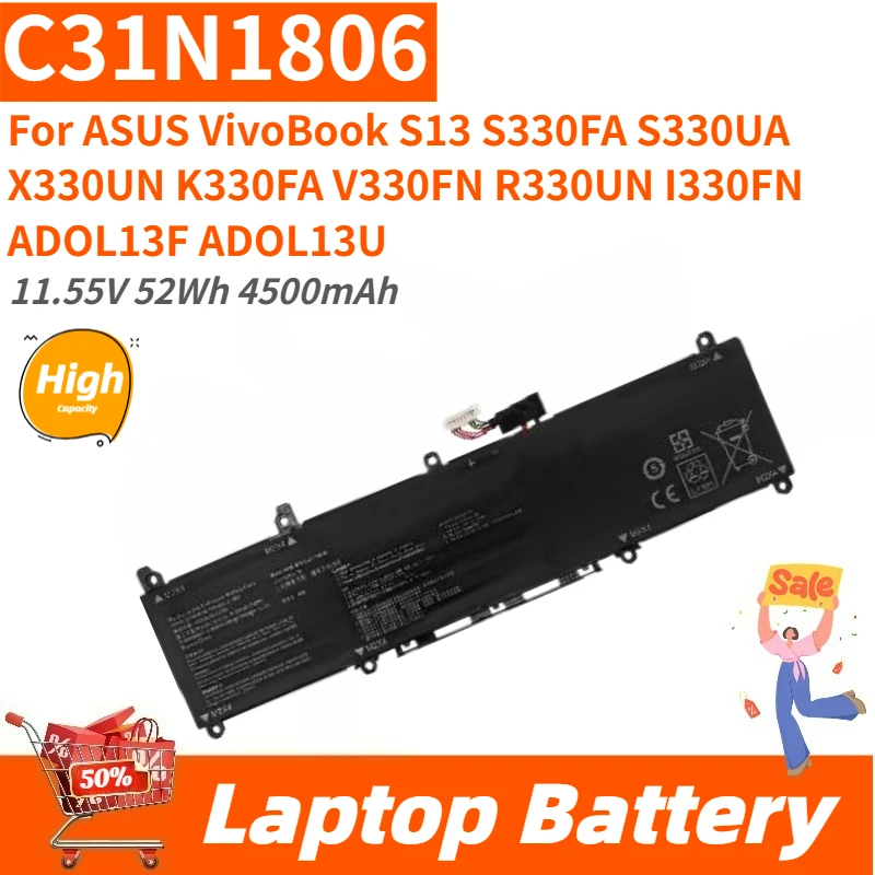 

High Capacity 11.55V 52Wh 4500mAh Laptop Battery C31N1806 For ASUS VivoBook S13 K330FA V330FN S330FA S330UA X330UN R330UN I330FN