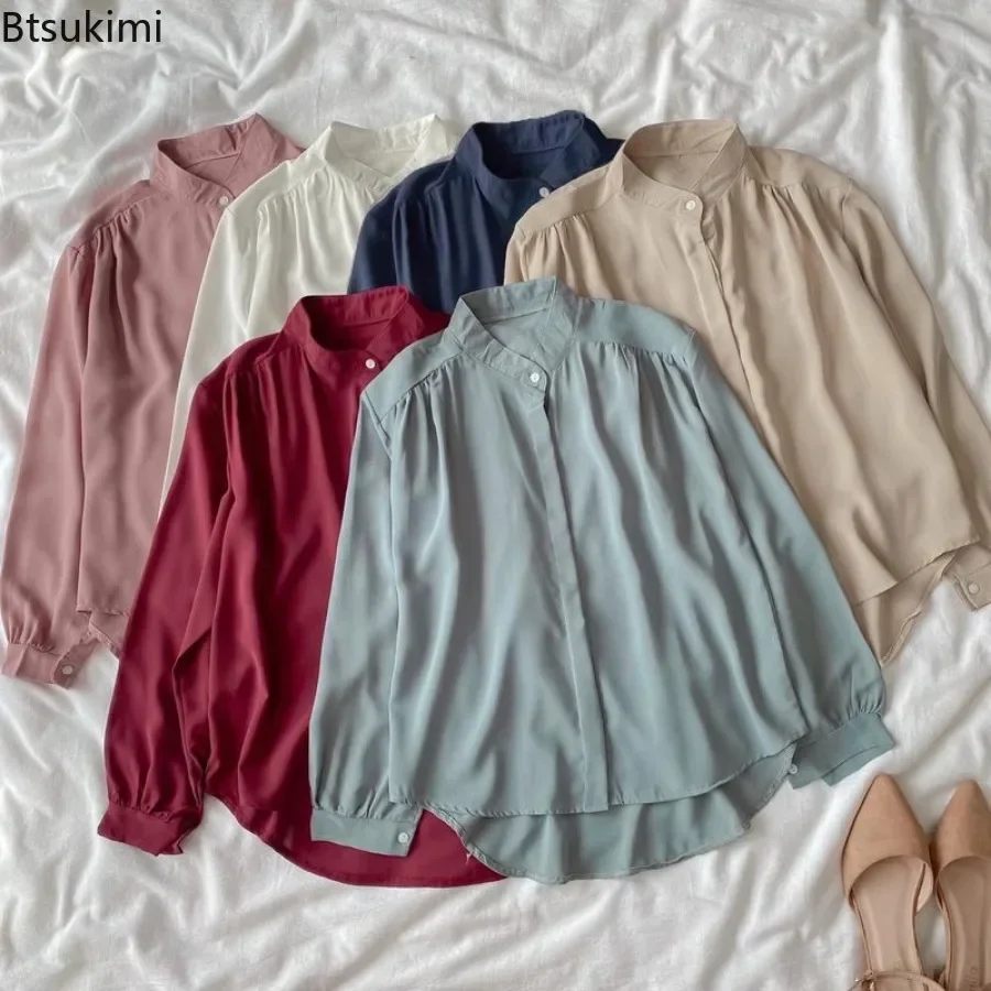 

2025 Fashion Vintage Blouses for Women Muslim Solid Simple Shirt Dubai Islamic Clothing Loose Casual Office Ladies Cardigan Tops