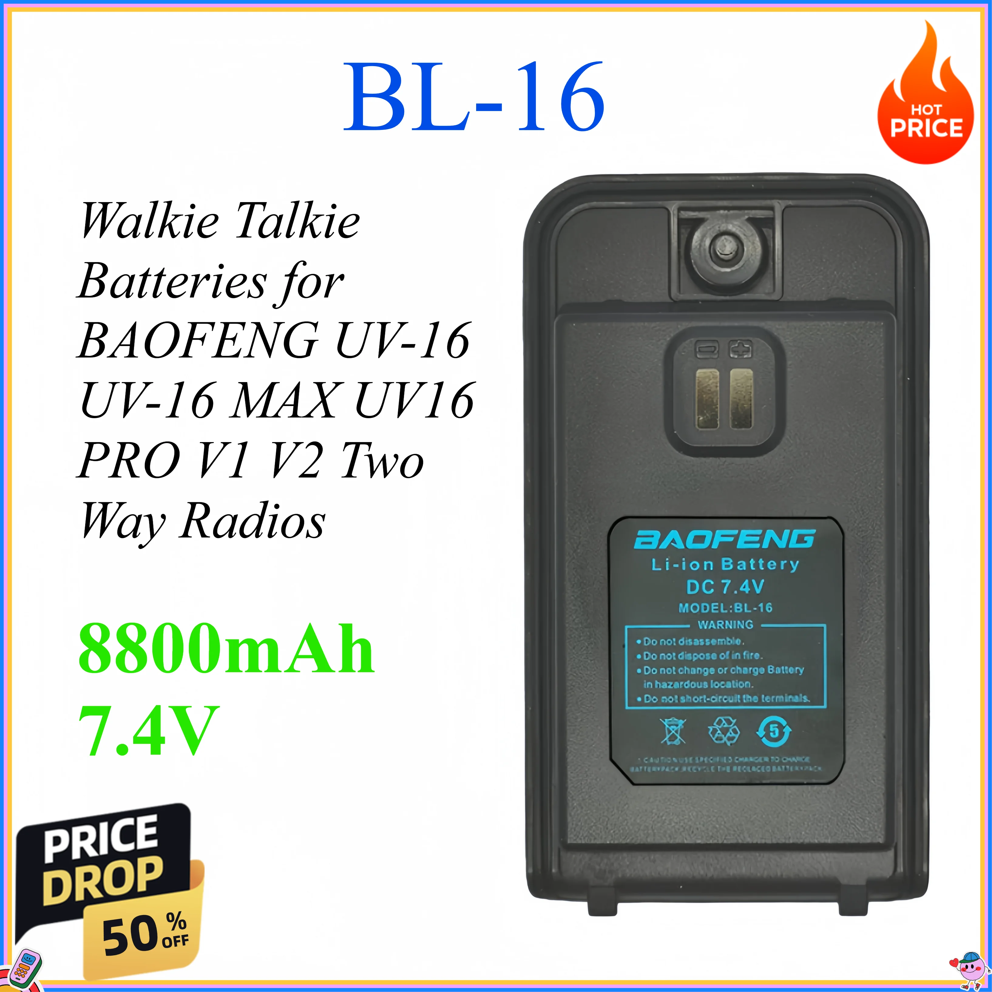 

8800mAh 7.4V Walkie Talkie Batteries for BAOFENG UV-16 UV-16 MAX UV16 PRO V1 V2 Two Way Radios
