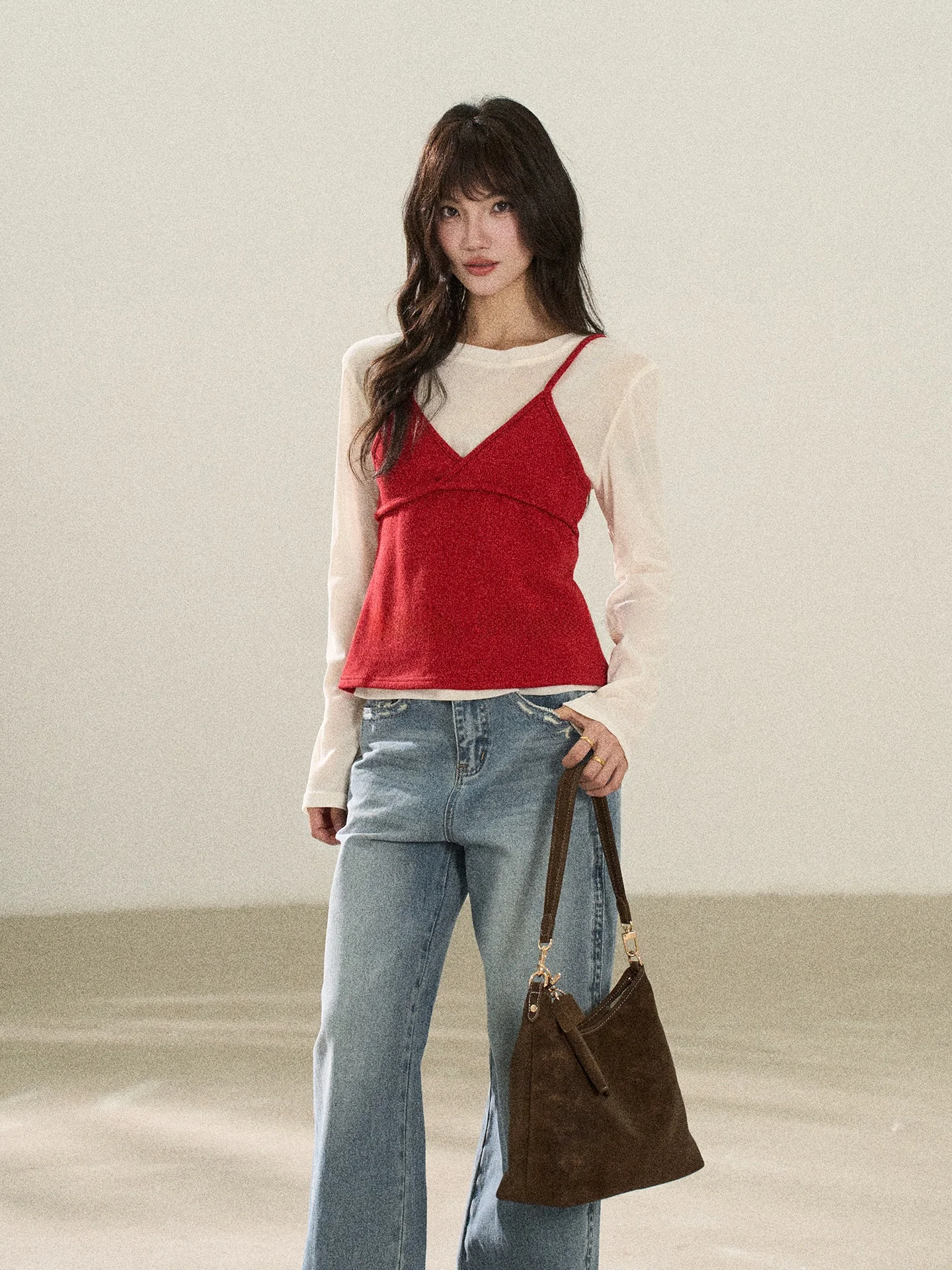 

Flower7 Casual Long Sve T-Needle Vest Women's Spring Two-Piece Set Korean Sle Knitted Nylon Blend Anti-Wrinkle Daily Wear