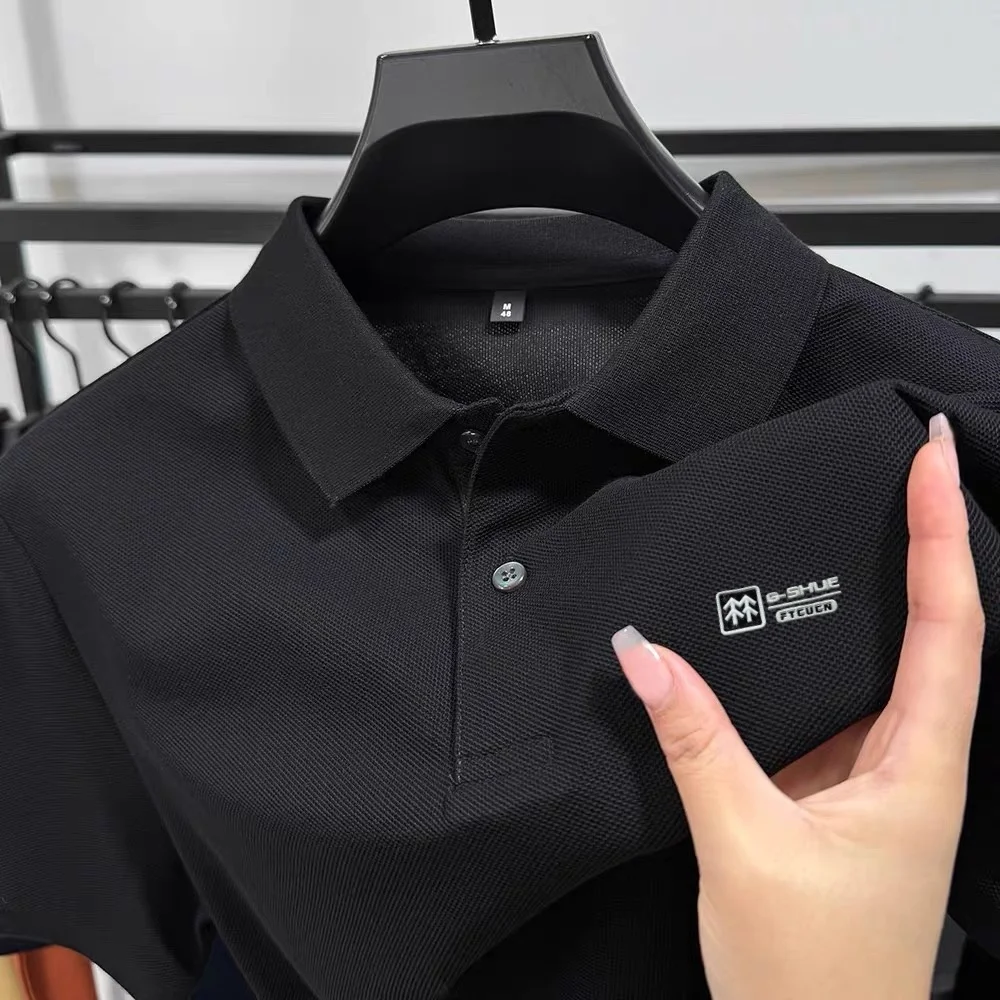 Men's Short-Sleeve Pure Cotton Breathable Polo Shirt with Exquisite Badge — Light Luxury Business Casual Top
