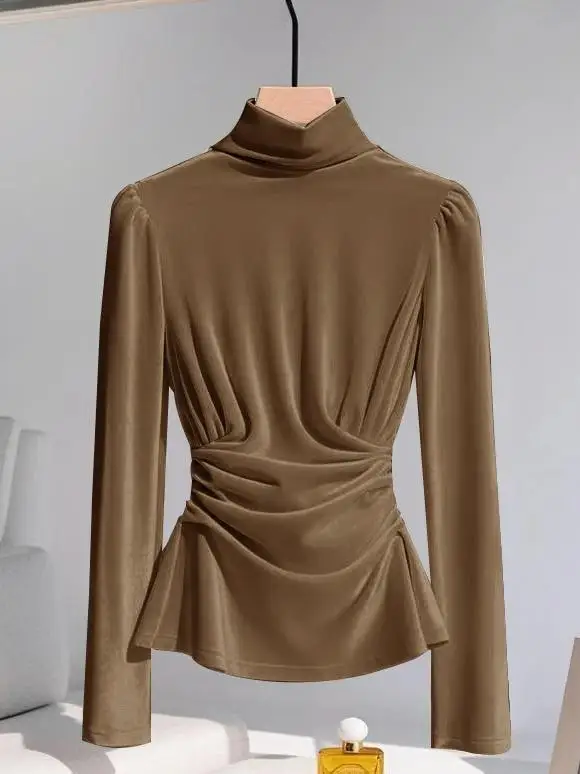 Unique Elegant Velvet Shirt Women's Inner Wear Beige Color Small Fragrance Style Early Autumn Luxury Sensation Long Sleeve Top