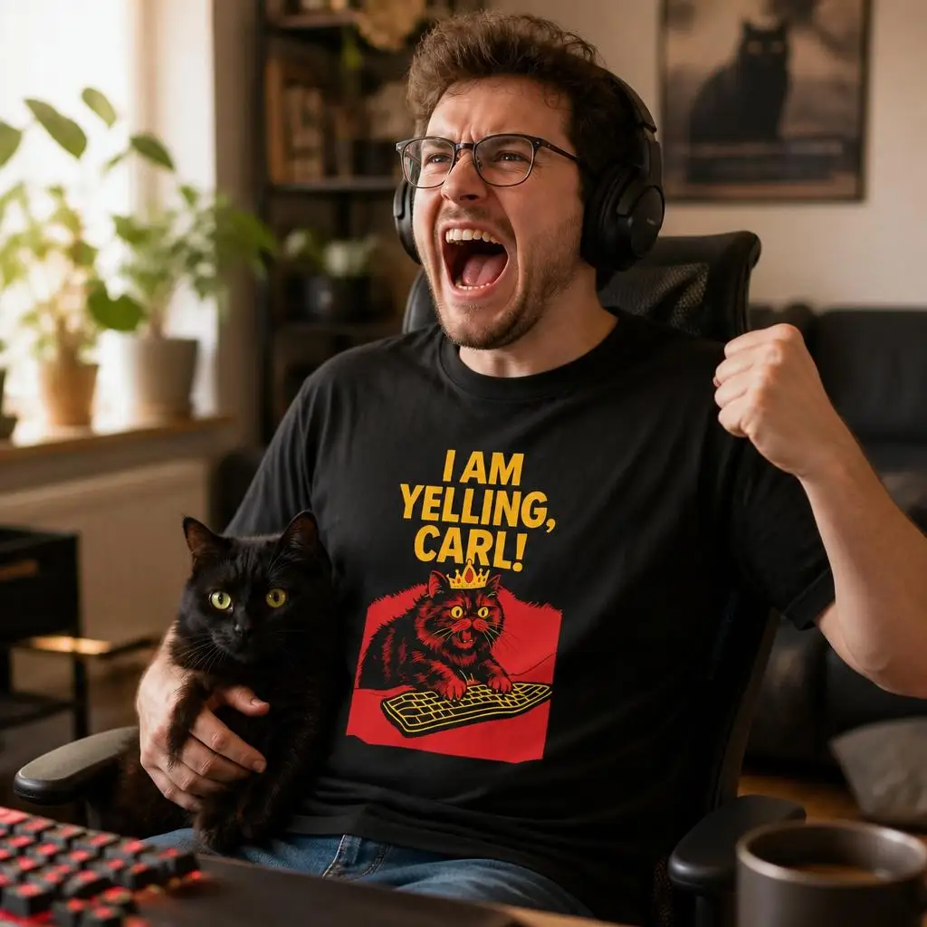 I Am Yelling Carl Screaming Cat Dungeon Crawler Carl T Shirts Casual Tees Short Sleeve Round Collar T-Shirt Pure Cotton Tops