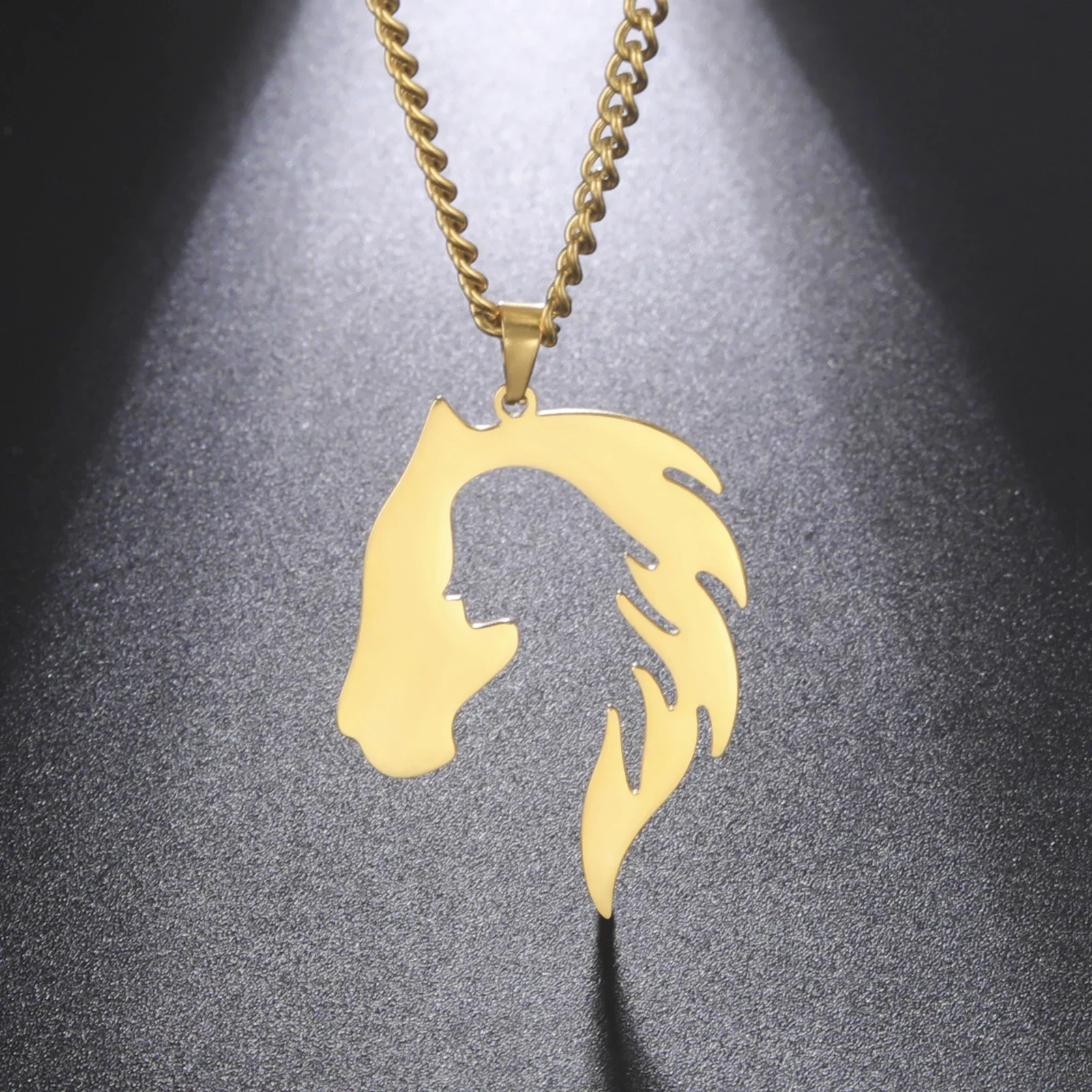 Horse Head Silhouette Girl Pendant Necklace Hollow Stainless Steel Choker for Women Fashion Jewelry Gift