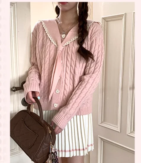 Autunno Inverno Moda Versatile Dolce Colletto Navy Maglione lavorato a maglia a maniche lunghe rosa Moda Donna Gonna a pieghe a trapezio a vita alta