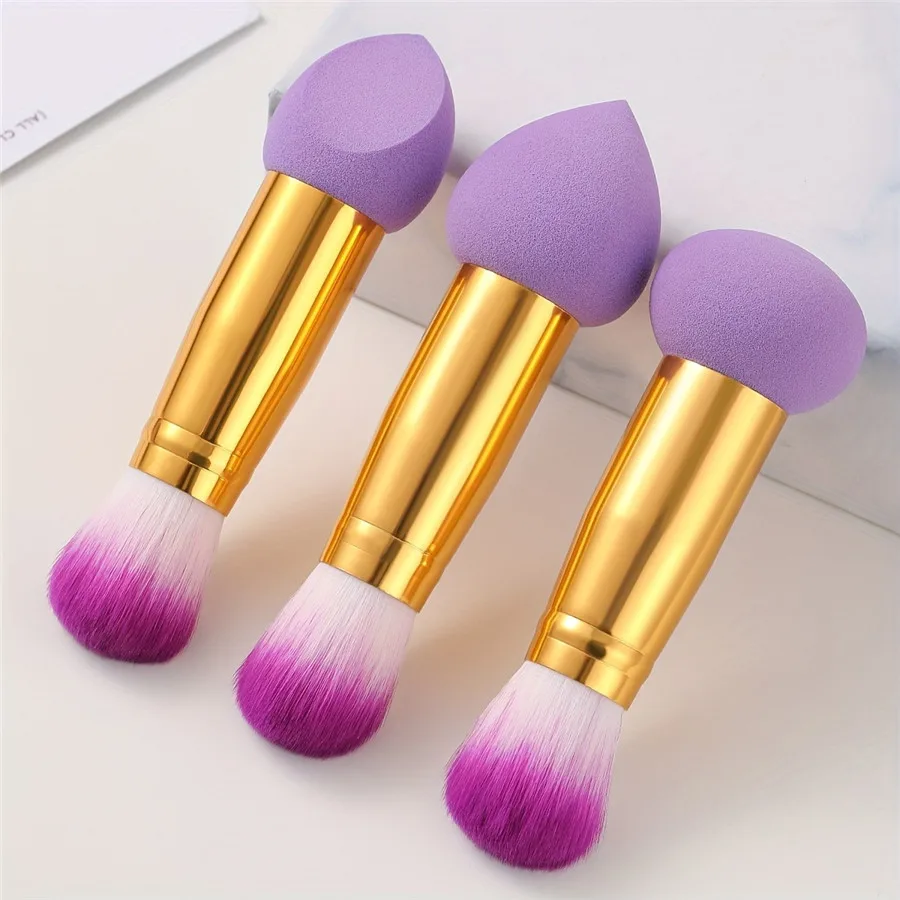 Conjunto de 3 Peças: Esponja e Pincel de Maquiagem Roxo - Esponja de Dupla Face + Pincel para Base, Kit de Beleza Portátil para Viagem (Cruelty-Free)