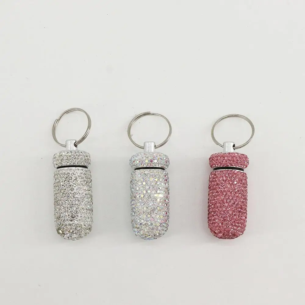 Mini Rhinestones Granule Storage Box Waterproof Crystal Travel Pill Case Key Ring Bling Medicine Bottle Capsules Organizer