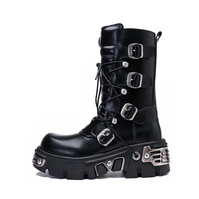 Women Men Boots Female Male Punk Metal Rock Black Chunky Heel Platform Pumps Ladies Motorcycle Mid-calf Round Toe Lace-up Shoes