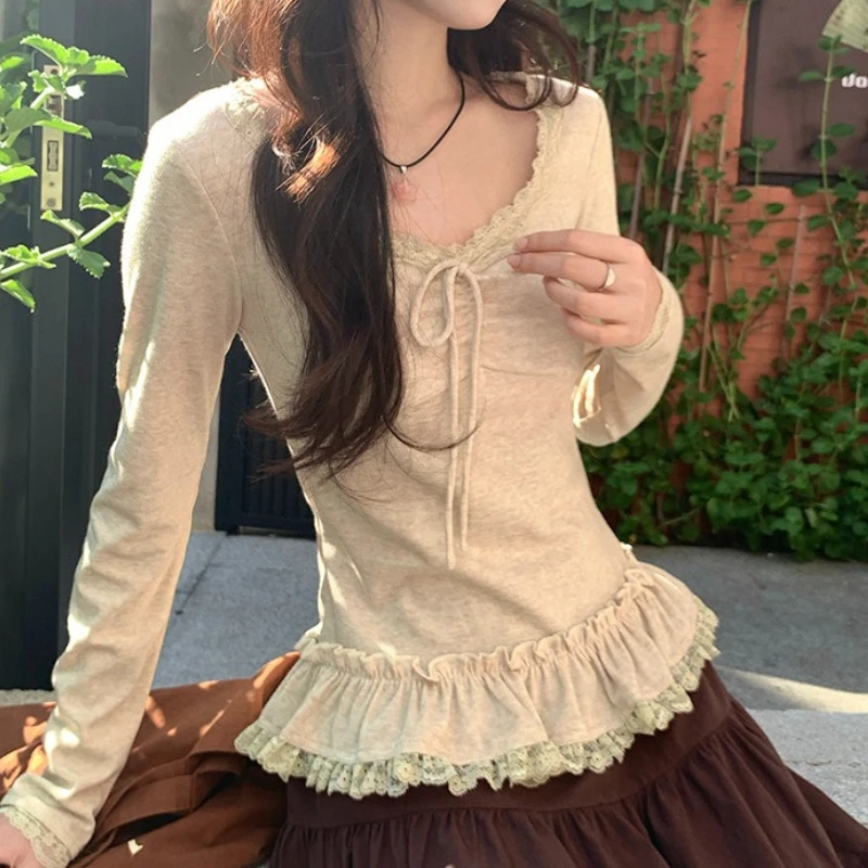 

Skinny Temperament Versatile Lace Splicing Lace-up Long-sleeved Bottoming Shirt Women's 2025 Autumn New Top