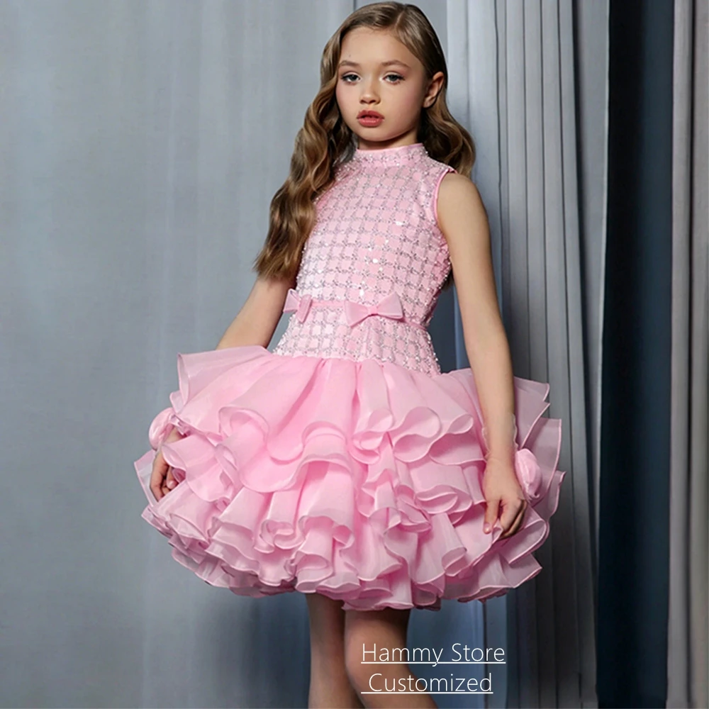 

Customized Flower Girl Dress New Arrival High Neck Sleeveless Bow Sequined Ruffles Organza Party Gown for Kids Birthday