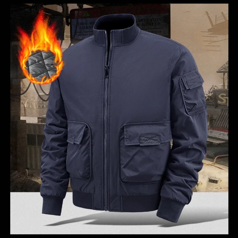 

New Men's with Thick Velvet Multi Pocket Flight Jacket Fashion Versatile American Baseball Shirt Winter Season Casual Jacket