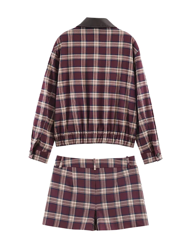 

HH Woman Elegant Long Sleeves Pocket Decoration Zipper Lapel Plaid Bomber Jacket+Wide Fold Mini Culottes Spring Two Piece Set