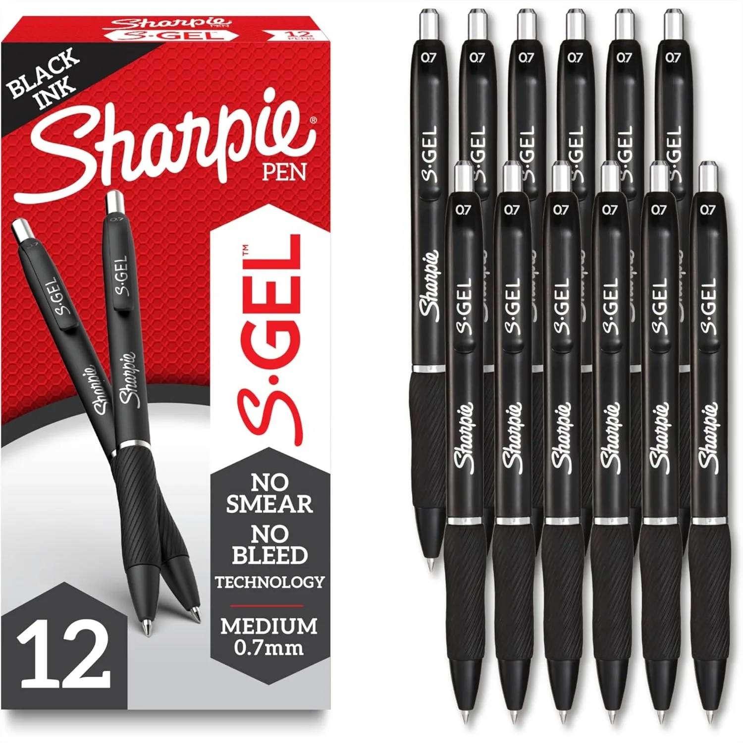 

Gel Pens, Sharpie S-Gel Medium Point 0.7mm, Black Gel Ink Pens, 12 Count, No Smear No Bleed, Smooth Writing for Office School