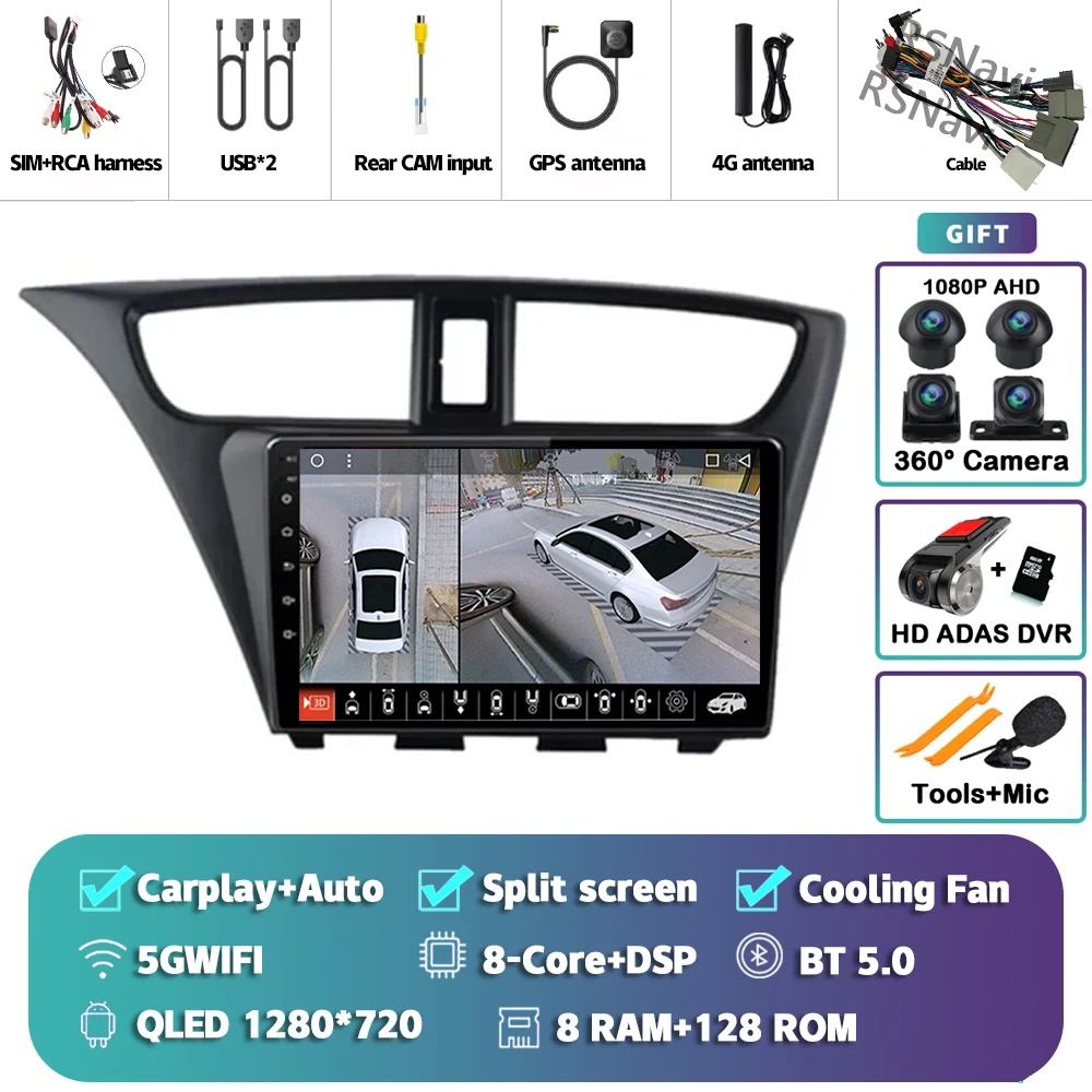 Android 15 Carplay Auto Voor Honda Civic Hatchback 2012 2013 2014 2015 2016 2017 Multimedia Autoradio Speler WIFI + 4G DSP Stereo - afbeelding 1